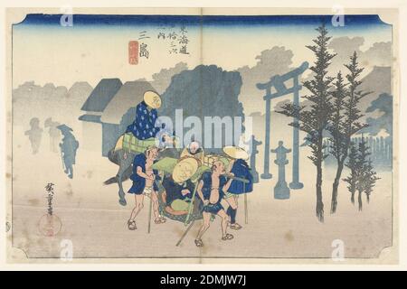 Mishima, Morning Mist, dans les cinquante-trois stations de la route Tokaido (Tokaido Gojulan Tsugi-no Uchi), Ando Hiroshige, japonais, 1797–1858, Hoeido, Woodblock imprimé à l'encre colorée sur papier, c'est une scène d'un groupe de six hommes. Un homme est dans un kago tandis qu'un autre est sur un cheval. Lorsqu'ils traversent la brume sinistre, ils trébuchent sur l'entrée d'un temple Shinto sur la droite. Silhouettes d'autres figures et bâtiments sont cachés parmi la brume., Japon, ca. 1834, paysages, Imprimer Banque D'Images