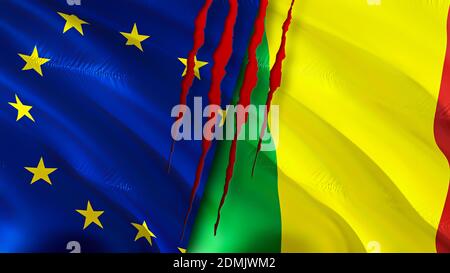 Drapeau de l'Union européenne et du Mali avec concept de cicatrice. Drapeau d'ondulation, rendu 3D. Concept de conflit entre l'Union européenne et le Mali. Union européenne Mali relations con Banque D'Images