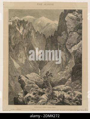 Springville Cañon, Thomas Moran, cuisine américaine, b. Britain, 1837–1926, Bogert, gravure de bois sur papier vélin crème, vue montagneuse des Rocheuses avec des sommets enneigés au loin., Angleterre et États-Unis, janvier 1874, paysages, Imprimer Banque D'Images