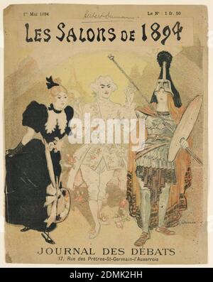 Le salon de 1894, Cover Journal des Débats, Theophile- Alexandre Steinlen, français, n. Suisse, 1859–1923, Lithographie sur papier blanc, couverture du Journal des Débats, le 1er mai 1894, montrant un gentleman en robe du XVIIIe siècle, rosiers à strie devant une dame avec une palette suspendue de sa ceinture et un homme en armure tenant la palette et les pinceaux., France, le 1er mai 1894, conception graphique, Imprimer Banque D'Images