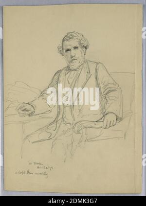 Etude pour Portrait de Charles J. Martin, Daniel Huntington, américain, 1816–1906, Graphite sur papier vélin crème, Homme assis dans un fauteuil par une table, son corps tourné légèrement vers la gauche et sa main gauche saisissant le bras d'une chaise. Verso: Une pose similaire., Etats-Unis, 20 décembre 1878, figures, dessin Banque D'Images