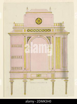 Design pour une armoire, avec des suggestions alternatives, stylo et encre noire, pinceau et aquarelle sur papier, UNE armoire sur les jambes a une baie centrale voûtée surmontée par une section en forme de cercueil avec des embouts. Le côté gauche montre trois étagères avec rambardes. Le côté droit est une armoire fermée demi-ronde. Échelle ci-dessous., Allemagne, env. 1805, mobilier, dessin Banque D'Images