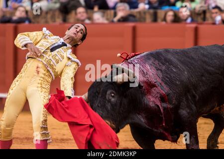 Le 26 avril 2015 à Séville, en Espagne, l'arènes Ivan Fandiño Diaz interprète la "suerte de espada" lors d'un combat de taureaux de la "Feria de Abril" célébrée au Real Maestranza de Sevilla Banque D'Images