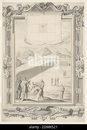 Etude pour le premier plan du Temple de Salomon, planche 420, Physica Sacra, Johann Melchior Füssli, Suisse, 1677–1736, Christian Ulrich Wagner, allemand, 1686–1763, pinceau et gris, lavage noir, stylo et encre brune sur papier à la crème, UN groupe d'hommes robed, pointant et conversant les uns avec les autres, apparaissent au premier plan gauche. Ils sont debout sur une surface plane dans un espace ouvert, avec un mur de briques à gauche et derrière eux. Quelques autres figures mâles robed sont dispersées dans l'ensemble de la photo. Les montagnes apparaissent en arrière-plan. Une grande feuille de papier avec un plan architectural Banque D'Images