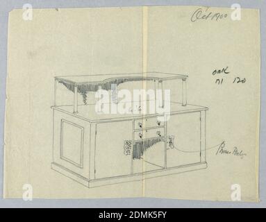 Conception pour panneau latéral en chêne massif, A.N. Davenport Co., Graphite sur papier à tracer crème, panneau latéral rectangulaire massif sur plate-forme basse; niche surmontée de 2 tiroirs à l'avant central est flanquée de 2 tiroirs décorés d'escutcheon rectangulaires; tablette supérieure oblongue avec découpe concave à l'avant central soutenue par dosseret de 4 colonnes surélevées., octobre 1900, mobilier, dessin Banque D'Images