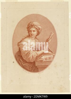 Music, Robert Samuel Marcuard, British, 1756 - avant 1788, Pietro da Cortona, Italien, 1596 - 1669, gravure à l'encre de sanguine sur papier, UNE femme s'assoit à une table, tournée vers la droite mais légèrement tournée vers la gauche. Un violon est sous sa main droite, et une feuille de musique à sa gauche., Angleterre, 1777, Imprimer Banque D'Images