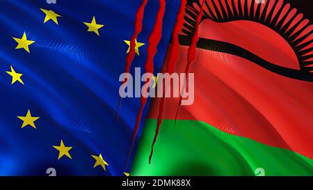 Drapeaux de l'Union européenne et du Malawi avec concept de cicatrice. Drapeau d'ondulation, rendu 3D. Concept de conflit entre l'Union européenne et le Malawi. Union européenne Malawi relatio Banque D'Images