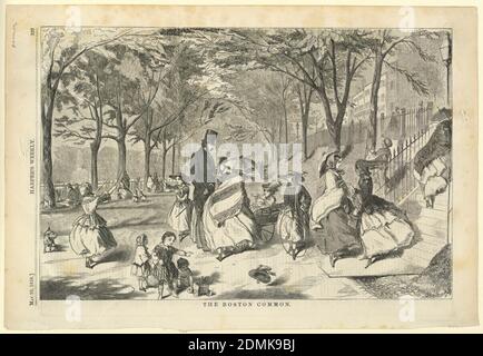 The Boston Common, Winslow Homer, cuisine américaine, 1836–1910, Harper's Weekly, gravure de bois à l'encre noire sur papier, groupes de personnes sur le Boston Common par temps venteux, fontaine à gauche et escaliers à droite. Les enfants jouent avec des cerceaux., USA, 22 mai 1858, figures, Imprimer Banque D'Images