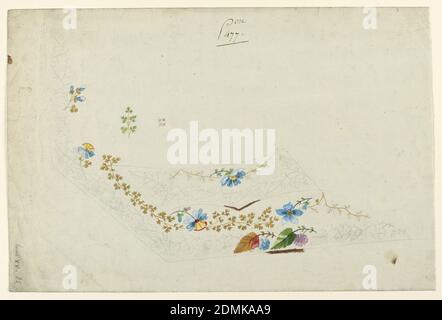 Motif pour la broderie d'un gilet de costume pour homme, graphite, pinceau et aquarelle sur papier, partie inférieure gauche d'un gilet de costume. Bordures de fleurs et de feuilles le long du bord et sur la poche. Pulvérisations de fleurs et de feuilles au-dessus., France, 1780–1790, dessin Banque D'Images