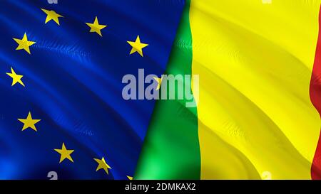 Drapeaux de l'Union européenne et du Mali. Motif drapeau en relief. Union européenne Mali drapeau, image, fond d'écran. Image Union européenne contre Mali, rendu 3D. Europea Banque D'Images