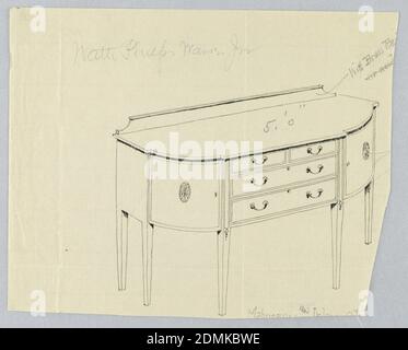 Conception pour panneau latéral avec six pieds et quatre tiroirs centraux, A.N. Davenport Co., stylo et encre noire sur papier crème fin, panneau latéral avec coins arrondis sur six pieds coniques droits et section avant centrale plate contenant quatre tiroirs - deux tiroirs plus petits côte à côte sur deux tiroirs plus grands l'un en haut de l'autre; poignées en forme de C et trous de serrure sur chaque tiroir; Une porte décorée de médaillons patera de chaque côté de l'avant central; décorations florales sur quatre pieds; dosseret., 1900–05, mobilier, dessin Banque D'Images