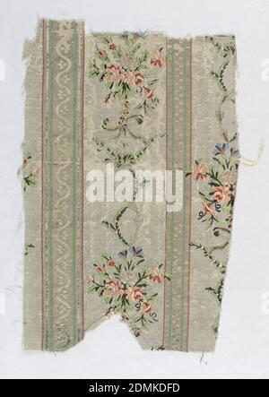 Fragment, Medium: silk Technique: woven, Flowers on striped white ground., late 18th century, woven textiles, Fragment Stock Photo