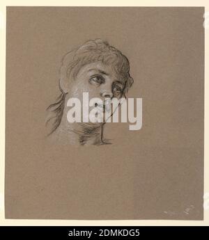 Portrait croquis d'une jeune fille, Elihu Vedder, américain, 1836 – 1923, crayon noir, craie blanche, sur papier brun, tête d'une jeune fille, tourné vers la droite dans trois quart de vue, légèrement incliné vers le haut., USA, ca. 1885, portraits, dessin Banque D'Images