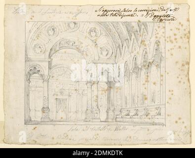 Intérieur du château de Walter, scène pour l'acte V de Giuseppe Verdi 'Luisa Miller', produit au Teatro San Carlo, Naples, Vincenzo Baldini, italien, 1809 - 1881, Graphite sur papier, rectangle horizontal. Intérieur du bâtiment gothique avec des sièges sous la voûte à droite. Grande arcade détaillée, frontière rectiligne réglée., Pérouse, Italie, ca. 1849, théâtre, dessin Banque D'Images