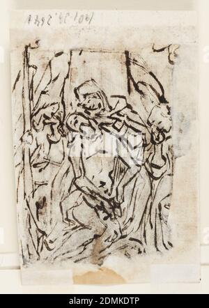 Recto: Judith avec la tête de Holofernes; Verso: Pietà, Jan van der Straet, appelé Stradanus, flamand, 1523–1605, encre de plume et marron, pinceau et lavage sur papier, Recto: Une variation de -2639a. Le serviteur est montré légèrement oblique, en profil, regardant vers Judith. Verso: Dans la direction opposée: Le corps du Christ s'appuie contre le tour de la Vierge assise. Le groupe est flanqué de deux anges en deuil, tenant de grandes bougies allumées., pays-Bas, ca. 1590, figures, dessin Banque D'Images