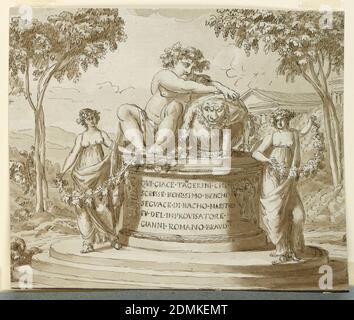 Monument de Sépulchral pour le poète Tagerini, stylo et encre brune, pinceau et lavage brun, graphite sur papier blanc bleué, doublé, trois pas d'une plate-forme ovale. Le garçon Bacchus s'est assis et s'est appuyé sur une urne ovale flanquée de jeunes filles de festons de vigne., Inscription:, QUI.GIACE.TANGERINI.CHE/ SCRISSE.BENISSIMO.BENCHE/ SEGUACE.DI.BACHO.MAESTRO/ FU.DEL.INPROATORE/ VISIEVO.VIS.paysage (VINA). Temple à l'arrière droit., Italie, après 1795, architecture, dessin Banque D'Images