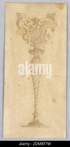 Projet pour un Candelabrum, Graphite, pinceau et aquarelle sur papier, Candelabrum soutenu par des dauphins dont trois sont dessinés. Un chandelier central érigé et deux armes., Italie, ca. 1844, métallurgie, dessin Banque D'Images