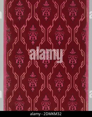 Sidewall, Block-printed and flocked paper, Trellis or diamond diaper framework made of running Greek key. In the center of diamond shape is a Moresque motif. Printed in burgundy flock with black and tan on pink or mauve ground., possibly France, ca. 1875, Wallcoverings, Sidewall Stock Photo