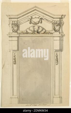 Design pour un boîtier de porte, Filippo Marchionni, italien, 1732–1805, Carlo Marchionni, italien, 1702–1786, encre de graphite, stylo et bistre, pinceau et aquarelle grise sur papier, fronton pointu; une coque avec branches latérales; un panneau avec contour de coque. Le panneau contient une affiche suspendue à partir de deux rouleaux au-dessus ; la partie entablature se trouve juste au-dessus du cadre de porte. Les corps des piliers soutenant l'entablature se composent d'une partie supérieure avec des triglyphes et d'une bande de pilier inférieur reculant avec de courtes guirlandes suspendues., Italie, ca. 1750, architecture, dessin Banque D'Images