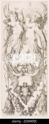 Ornamenti o Grottesche (ornement grotesque), Stefano della Bella, italien, 1610–1664, Etching sur papier blanc cassé, rectangle vertical montrant le putti avec des queues d'acanthus bulles soufflantes, une batte et un nag., Italie, ca. 1653, ornement, Imprimer Banque D'Images