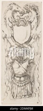 Ornamenti o Grottesche (ornement grotesque), Stefano della Bella, Italien, 1610–1664, Etching sur papier, rectangle vertical montrant un dessin symétrique composé de têtes de cheval se terminant dans des feuilles d'acanthus, un bouclier avec un petit masque en haut, un trophée militaire dans le style ancien., Italie, ca. 1653, ornement, Imprimer Banque D'Images
