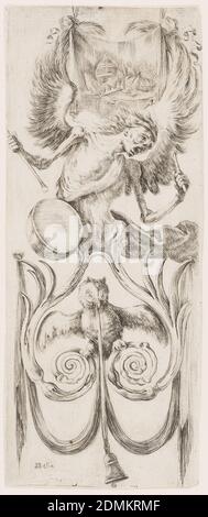 Ornamenti o Grottesche (ornement grotesque), Stefano della Bella, Italien, 1610–1664, Etching sur papier coulé, rectangle vertical montrant une figure ailée émaciée jouant un tambour. Ci-dessous, un hibou avec une cloche dans son bec perche sur un arabesque., Italie, ca. 1653, ornement, Imprimer Banque D'Images