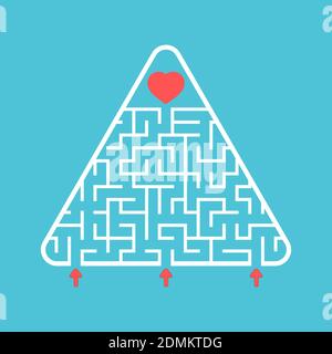 Abstract triangular labyrinth. Find the right path to the heart. Labyrinth conundrum. Search for love, relationships and happiness. Flat vector illust Stock Vector