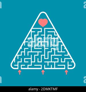 Abstract triangular labyrinth. Find the right path to the heart. Labyrinth conundrum. Search for love, relationships and happiness. Flat vector illust Stock Vector