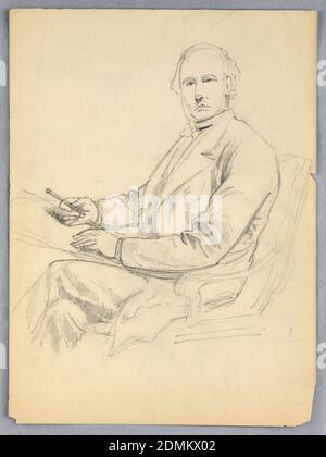 Croquis pour Portrait d'un homme assis, Daniel Huntington, américain, 1816–1906, Graphite sur papier, homme assis dans un fauteuil avec papier et crayon, face à gauche. Sa tête tourna, face à la frontade, et ses jambes croisées., USA, ca. 1875, portraits, dessin Banque D'Images