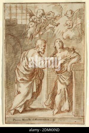 Saint-Pierre et Saint-Agatha, Pietro Novelli, italien, 1603 - 1647, stylo et encre brune, craie rouge, pinceau et savon gris sur papier cousu, deux figures, un homme à gauche regardant une femme à droite dont la bouche est ouverte, comme putti volent au-dessus., Italie, 1603–47, figures, dessin Banque D'Images