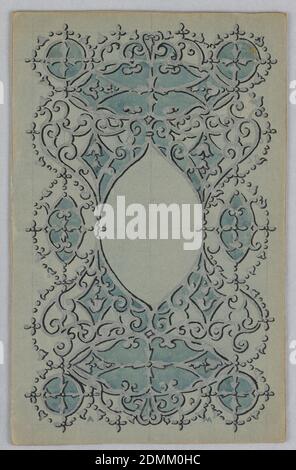 Design pour une couverture de livre, Alice Cordelia Morse, américaine, 1863–1961, pinceau et gouache sur papier, sur un sol vert-gris, cartouche en forme d'amande avec des motifs foliés, en spirale, et autres motifs décoratifs., Etats-Unis, ca. 1887–1903, conception graphique, dessin Banque D'Images