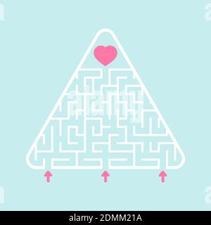 Abstract triangular labyrinth. Find the right path to the heart. Labyrinth conundrum. Search for love, relationships and happiness. Flat vector illust Stock Vector