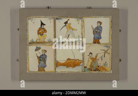 Tile, Earthenware, glazed, high fire decorated, Seated man in vaguely Chinese garb and with pigtail, holding rope with bird., late 18th–early 19th century, tiles, Decorative Arts, Tile Stock Photo