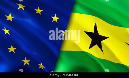 European Union and Sao Tome and Principe flags. 3D Waving flag design. European Union Sao Tome and Principe flag, picture, wallpaper. European Union v Stock Photo