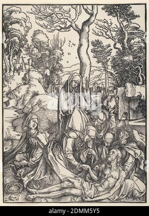 La Lamentation, Albrecht Dürer, allemand, 1471–1528, coupe de bois sur papier couté, le corps du Christ est vu au premier plan soutenu par Saint Jean. La Vierge s'agenouille et tient sa main. Paysage., Allemagne, ca. 1498, figures, Imprimer Banque D'Images