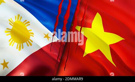 Philippines and Vietnam flags with scar concept. Waving flag,3D rendering. Philippines and Vietnam conflict concept. Philippines Vietnam relations con Banque D'Images