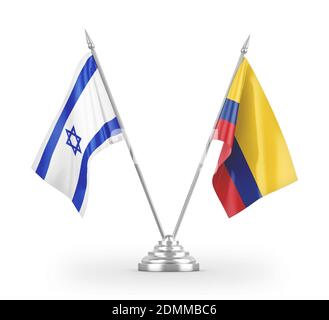 Drapeaux de table Colombie et Israël isolés sur le rendu 3D blanc Banque D'Images