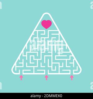 Abstract triangular labyrinth. Find the right path to the heart. Labyrinth conundrum. Search for love, relationships and happiness. Flat vector illust Stock Vector