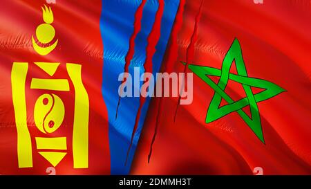 Mongolia and Morocco flags with scar concept. Waving flag,3D rendering. Mongolia and Morocco conflict concept. Mongolia Morocco relations concept. fla Stock Photo