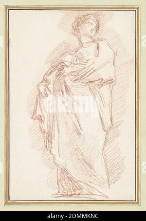 Saint-Balbina de la colonnade de Saint-Pierre, Giovanni Maria de Rossi, Jean-Robert Ango, français, actif à Rome de 1759 à 1770, d. 1773, craie rouge sur papier, dessin d'après la statue de Giovanni Maria de Rossi de Saint-Balbina sur la Colonnade Nord de Saint-Pierre. Elle tire ses robes vers la droite, à travers son corps. Elle regarde à sa gauche. Il y a un foulard étroit autour de son cou., France, ca. 1759–70, figures, dessin Banque D'Images