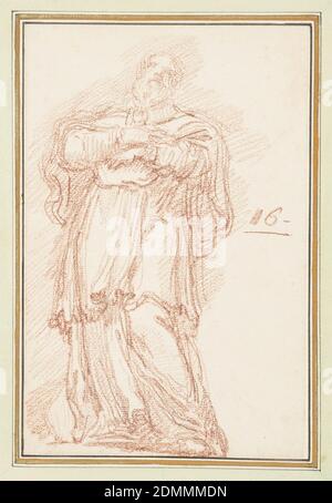 Saint François de Sales de la colonnade de Saint-Pierre, Paolo Reggiani, Jean-Robert Ango, français, actif à Rome 1759 – 1770, d. 1773, craie rouge sur papier, dessin après statue par Paolo Reggiani de Saint François de Sales sur la Colonnade Nord de Saint Pierre. Il est barbu et porte un manteau court avec une broche au cou. Ses mains sont à sa poitrine, l'une au-dessus de l'autre., France, ca. 1759–70, figures, dessin Banque D'Images