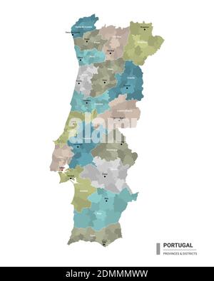 Portugal higt carte détaillée avec subdivisions. Carte administrative du Portugal avec le nom des districts et des villes, colorée par les Etats et le dist administratif Illustration de Vecteur