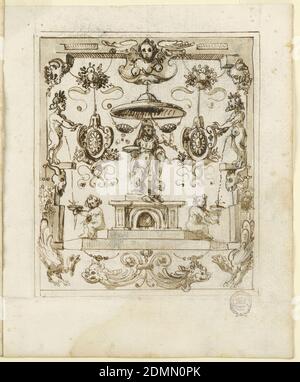 Projet pour la décoration d'un panneau, stylo et encre, pinceau et aquarelle marron, charbon de bois, sur papier, au centre est un haut piédestal avec la figure d'une femme debout, avec une verrière au-dessus d'elle. Sur les marches du piédestal s'assoir deux enfants tenant des bols, dans lesquels satyrs, debout sur les consoles de l'armature bois urinate. Le travail du bois est soutenu par un motif central avec deux demi-figures de dauphins et deux dindes au coin., Italie, 1600–1625, architecture, dessin Banque D'Images
