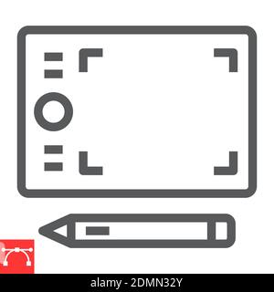 Icône graphique de la ligne de la tablette, tablette à stylet et périphérique, graphiques vectoriels de signe de dessin numérique, icône linéaire de trait modifiable, eps 10. Illustration de Vecteur