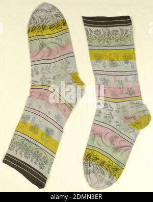 Pair of stockings, Medium: silk Technique: knitted and printed, Striped stockings with printed floral pattern., France, early 19th century, knotted, knitted and crocheted textiles, Pair of stockings Stock Photo