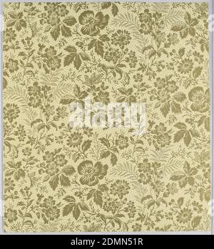 Sidewall, Machine-printed paper, Aesthetic all-over pattern with scattered stylized flowers and leaves on dotted ground; motifs form a diamond-shaped repeat in off-set columns; color scheme of brown on cream., USA, ca. 1880, Wallcoverings, Sidewall Stock Photo