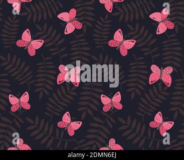 Pink butterflies and palm leaves on dark background. Seamless pattern. Vector illustration for wrapping, cloth, linens, fabric. Stock Vector