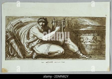 Apollo, Felice Giani, italien, 1758–1823, Felice Giani, italien, 1758–1823, Graphite, stylo et encre, pinceau et aquarelle sur papier, Apollo montré assis avec sa lyre, une horloge en streaming à gauche. À droite est un alter décoré avec une frise montrant les signes du zodiaque., Italie, 1804, figures, dessin Banque D'Images