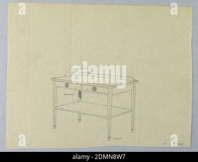 Design pour table de service avec deux tiroirs et dosseret, A.N. Davenport Co., Graphite sur papier fin de traçage de crème, corps rectangulaire avec 2 tiroirs à l'avant et surélevés sur 4 pieds coniques droits; étagère inférieure conforme fixée à mi-chemin vers le haut des pieds à partir du sol; dosseret., 1900–05, mobilier, dessin Banque D'Images