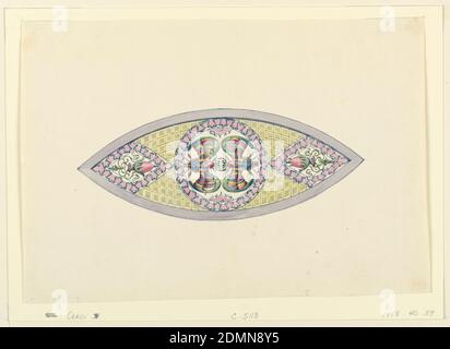 Design pour une fenêtre à panneaux de verre pour le plafond à balcon dans la salle de musique, Frederick Crace, anglais, 1779–1859, pinceau et aquarelle sur papier, rectangle vertical. Design pour le Pavillon Royal, Brighton. Un panneau en forme de losange. La conception centrale est composée de deux insectes ailés disposés symétriquement dans un cercle. Ce dessin est flanqué de deux champs en forme de losange contenant un motif bourgeon stylisé., l'album original associé à cette collection existe toujours. Voir l'accessoire 1948-40-1, Angleterre, env. 1817, architecture, dessin Banque D'Images